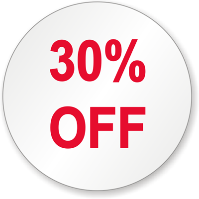 Round sale pricing labels can be used by apparel stores during 'off season'  to mark discounted products. - Use this label for products offered at 30%